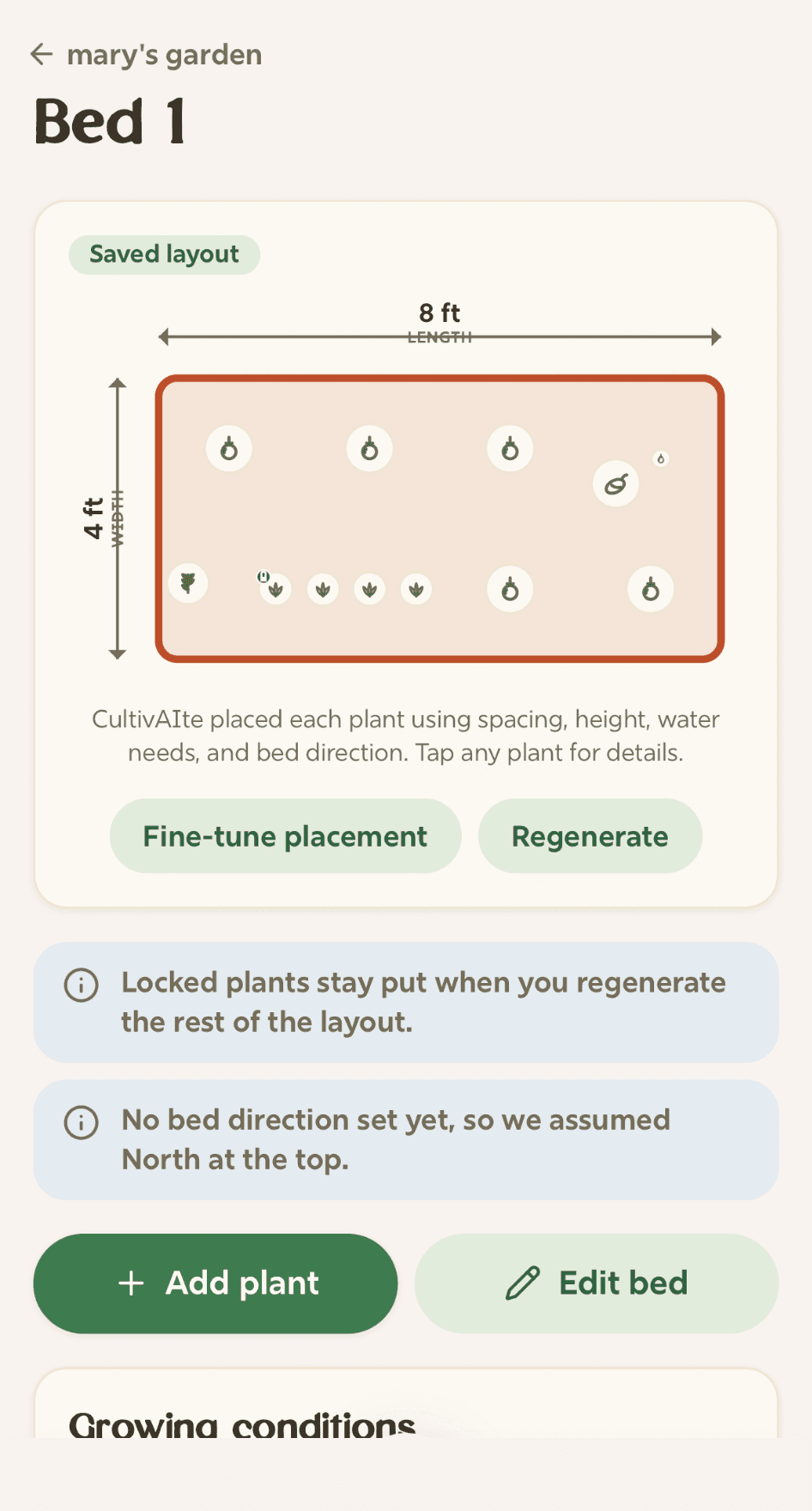 CultivAIte garden planner showing a personalized garden bed layout