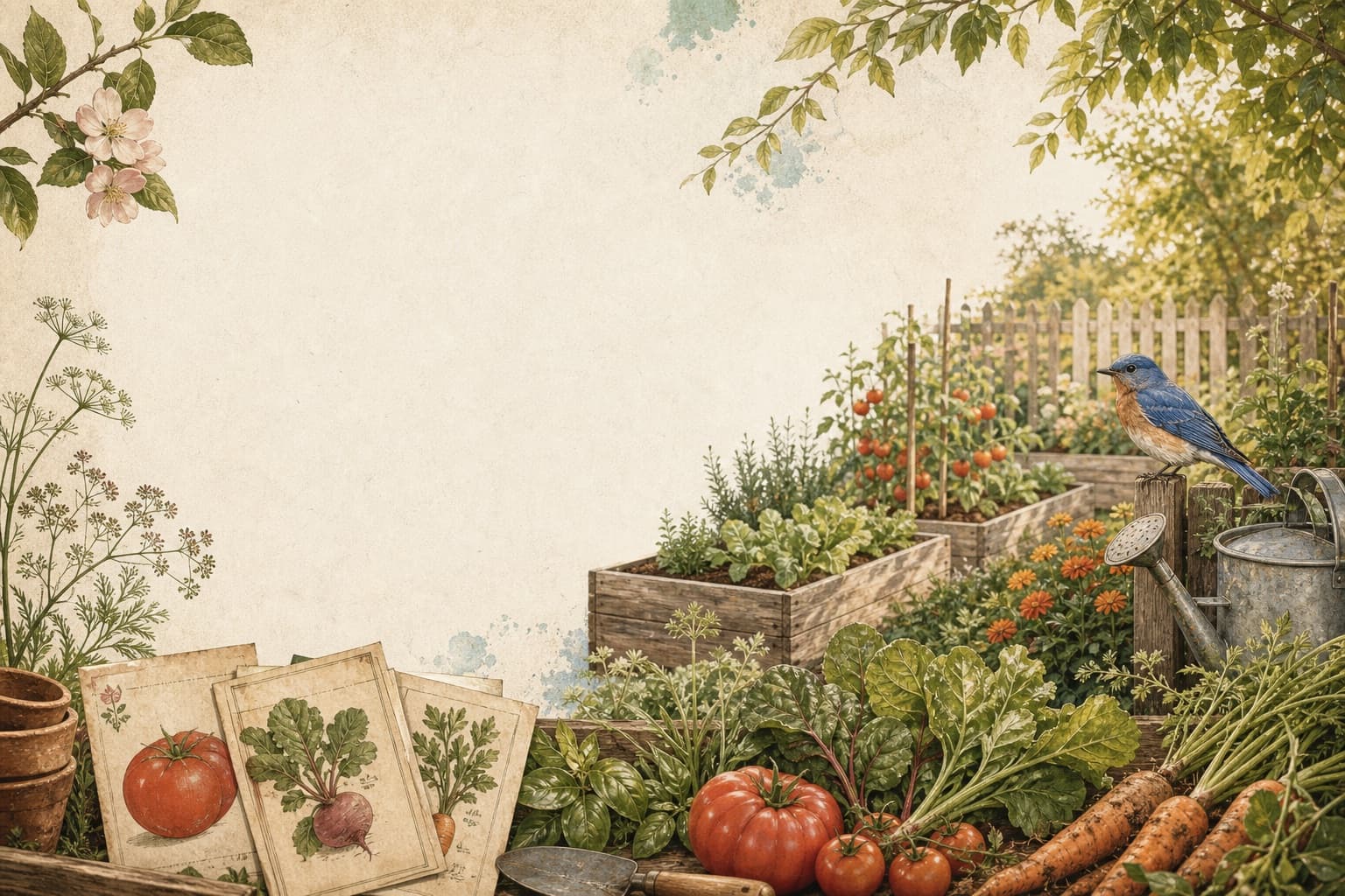 Warm garden beds with seed packet artwork, vegetables, and a bluebird